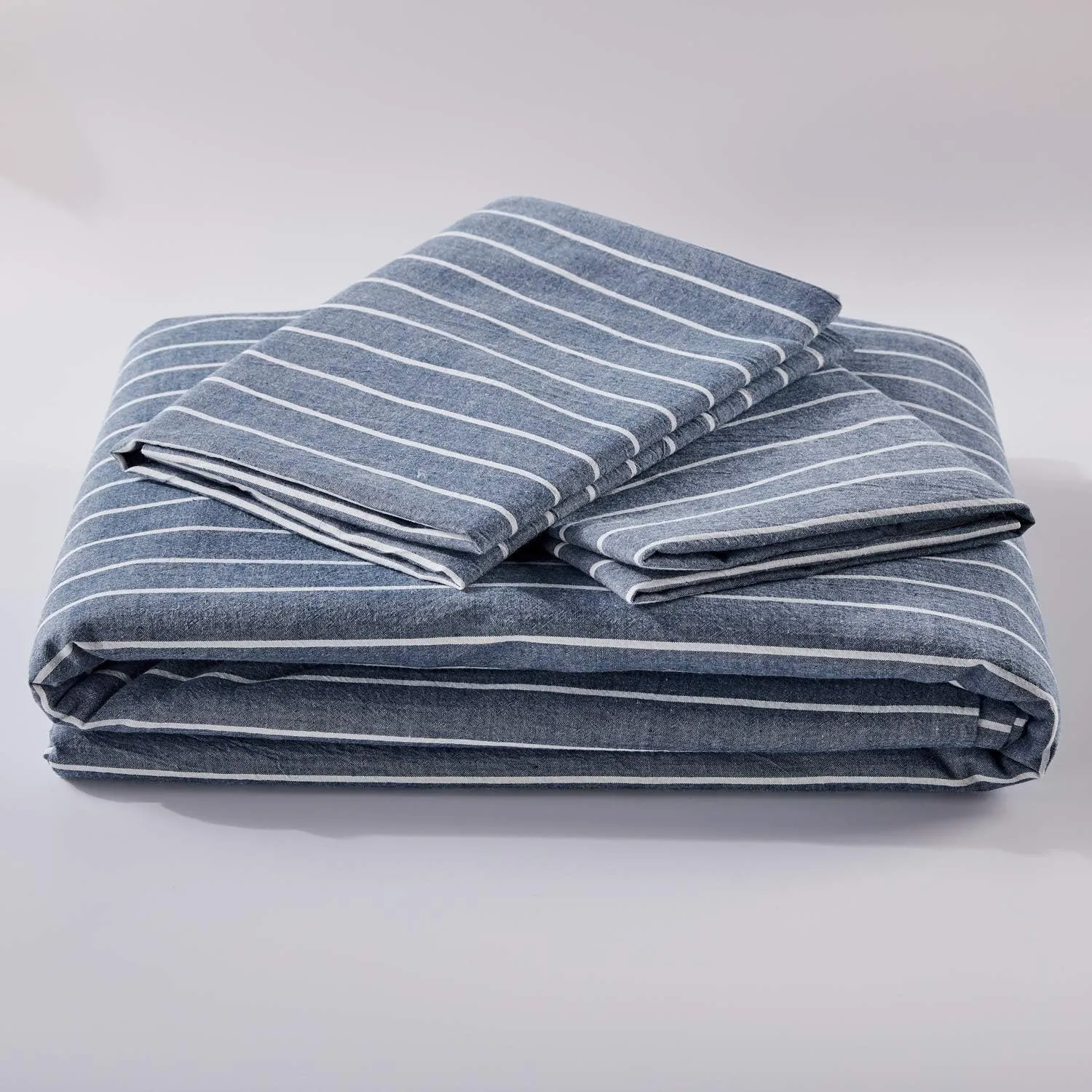 JELLYMONI Cotton Duvet Cover Queen Size - Blue Pinstriped Comforter Cover with Button 100% Washed Cotton 3PCS Breathable Soft Solid Bedding Set Duvet Cover 90×90in & 2 Pillowcases (NO Comforter)