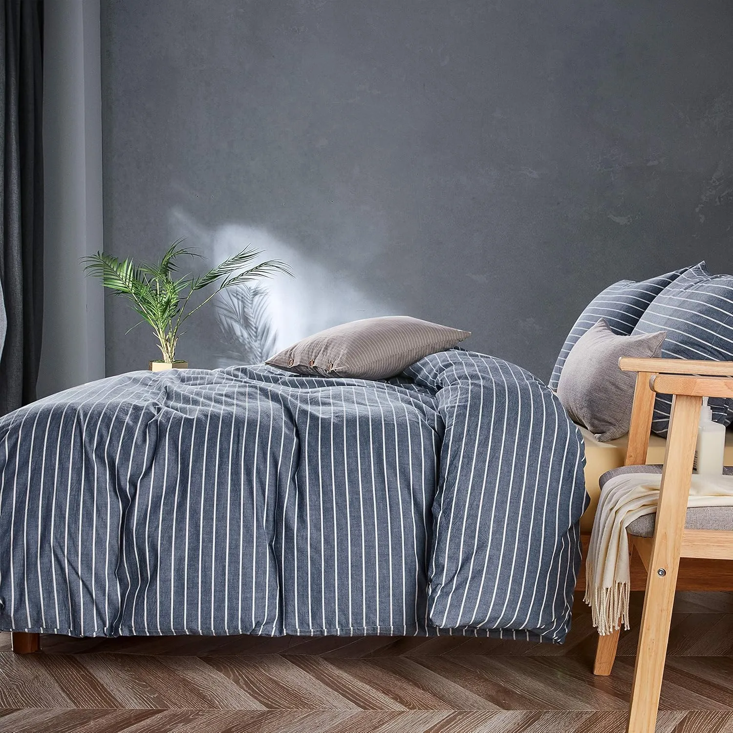 JELLYMONI Cotton Duvet Cover Queen Size - Blue Pinstriped Comforter Cover with Button 100% Washed Cotton 3PCS Breathable Soft Solid Bedding Set Duvet Cover 90×90in & 2 Pillowcases (NO Comforter)