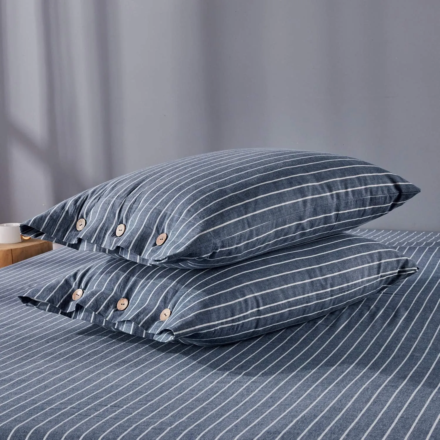 JELLYMONI Cotton Duvet Cover Queen Size - Blue Pinstriped Comforter Cover with Button 100% Washed Cotton 3PCS Breathable Soft Solid Bedding Set Duvet Cover 90×90in & 2 Pillowcases (NO Comforter)