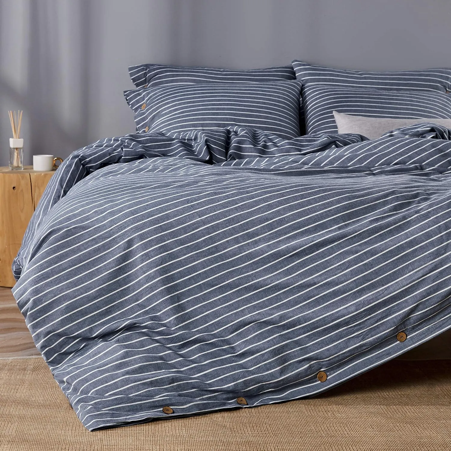 JELLYMONI Cotton Duvet Cover Queen Size - Blue Pinstriped Comforter Cover with Button 100% Washed Cotton 3PCS Breathable Soft Solid Bedding Set Duvet Cover 90×90in & 2 Pillowcases (NO Comforter)