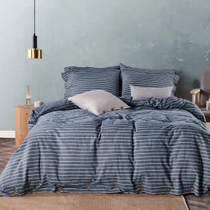 JELLYMONI Cotton Duvet Cover Queen Size - Blue Pinstriped Comforter Cover with Button 100% Washed Cotton 3PCS Breathable Soft Solid Bedding Set Duvet Cover 90×90in & 2 Pillowcases (NO Comforter)