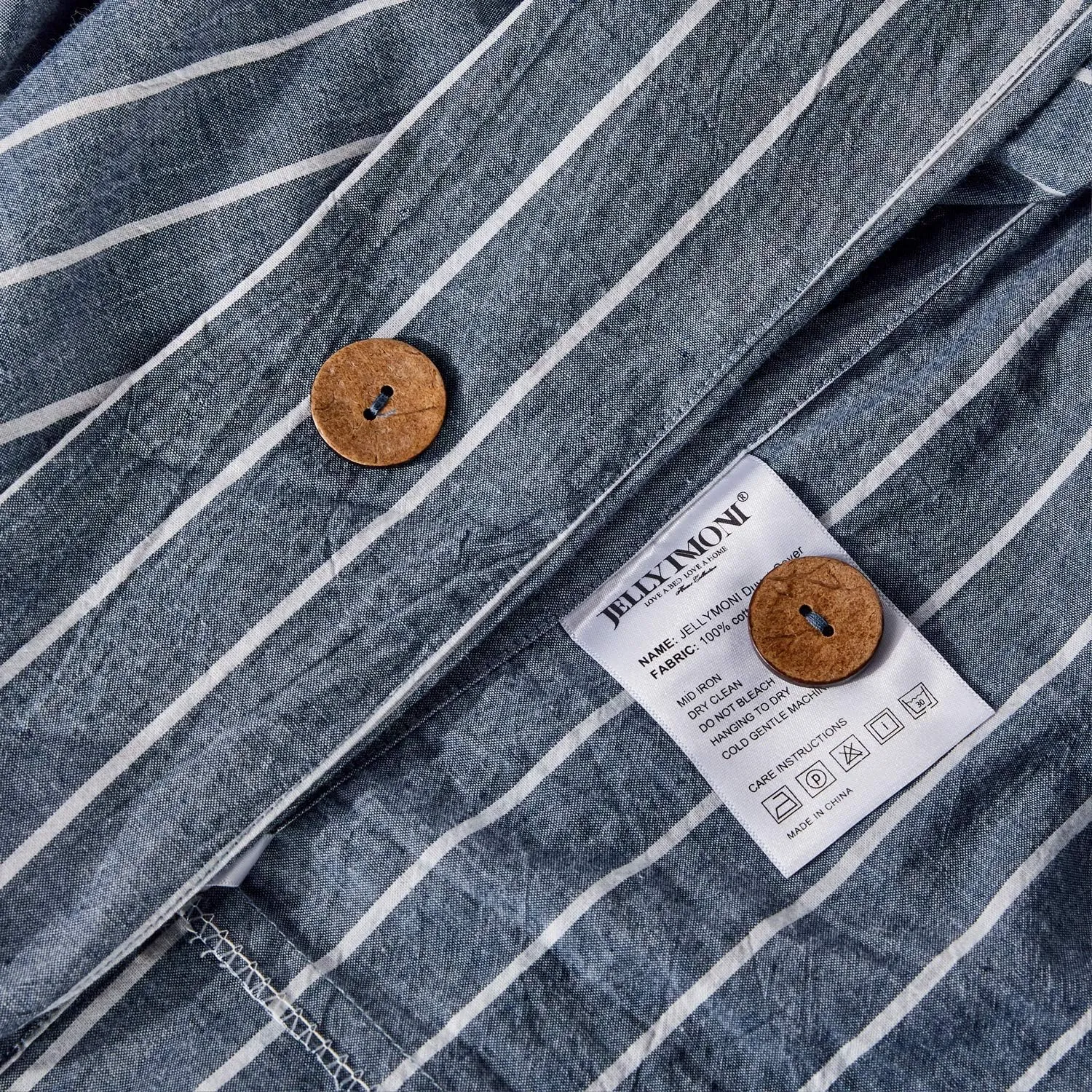 JELLYMONI Cotton Duvet Cover Queen Size - Blue Pinstriped Comforter Cover with Button 100% Washed Cotton 3PCS Breathable Soft Solid Bedding Set Duvet Cover 90×90in & 2 Pillowcases (NO Comforter)