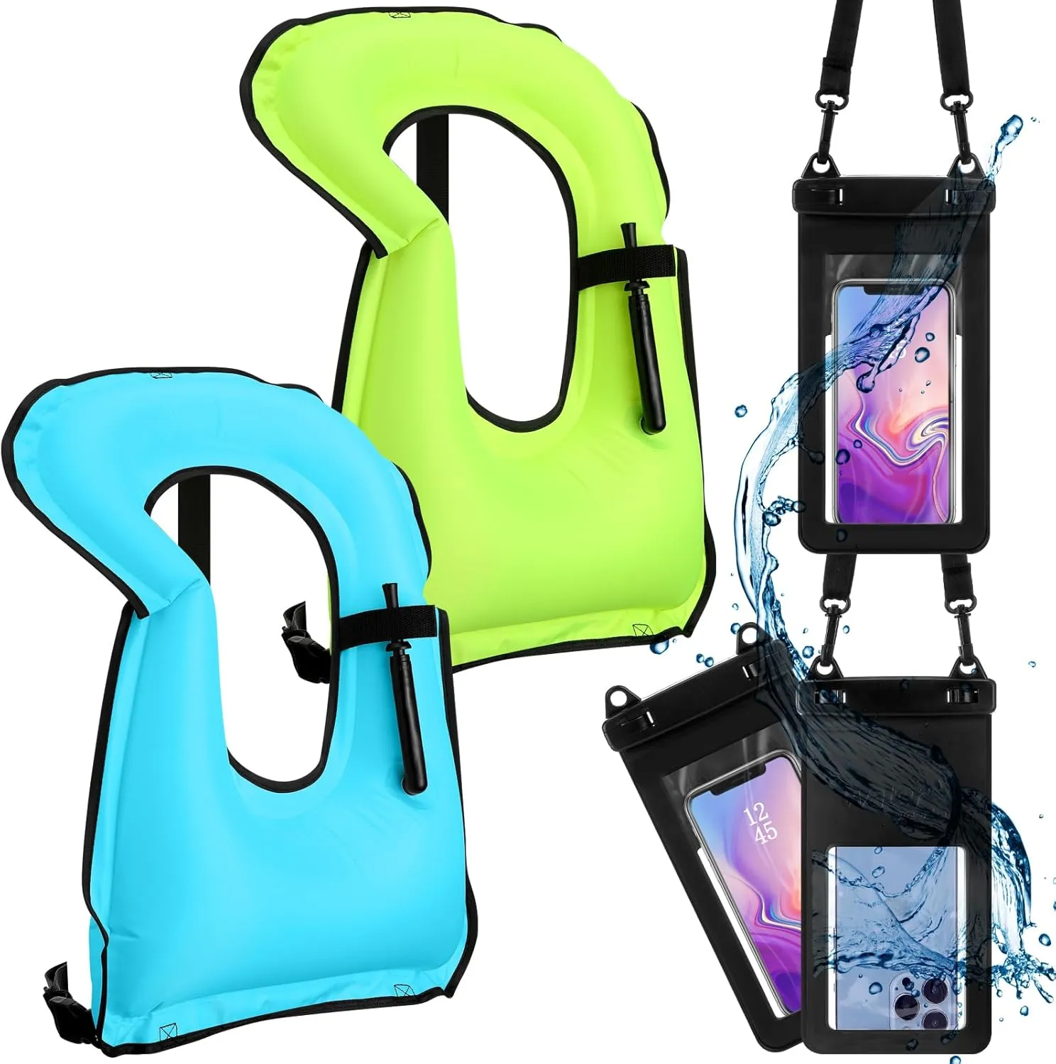 Jerify 2 Pcs Inflatable Snorkel Vests for Adults with 2 Pcs Waterproof Phone Cases Portable Swim Vest Jackets Adjustable Kayaking Jackets Safety Vests for Snorkeling Swimming Diving Surfing