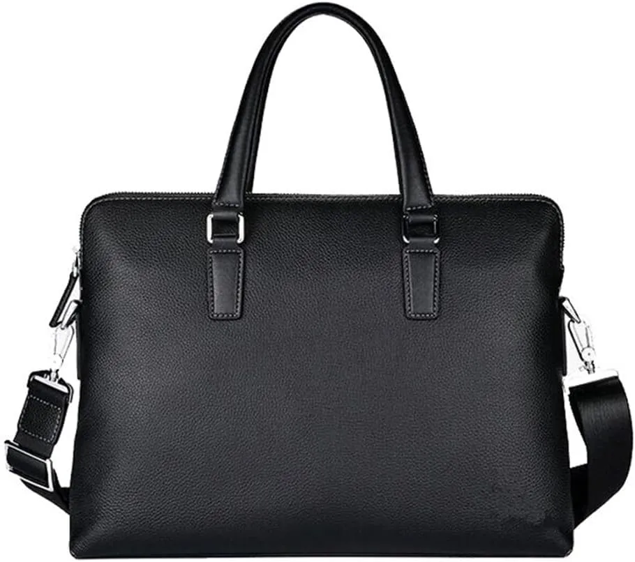 JIUFENG Men Briefcase, 14 inch Laptop Tote Bag Black, Genuine Leather Business Computer Bag, Waterproof Shoulder Messenger Bag for Work Office Travel