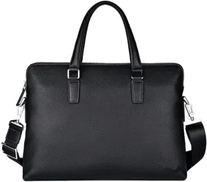 JIUFENG Men Briefcase, 14 inch Laptop Tote Bag Black, Genuine Leather Business Computer Bag, Waterproof Shoulder Messenger Bag for Work Office Travel