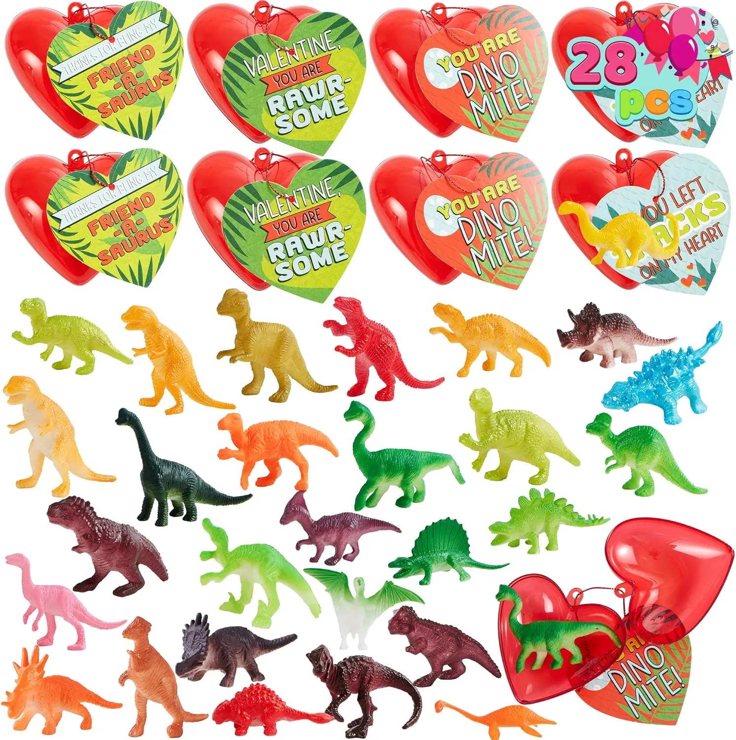 JOYIN 28 Pack Valentine Day Toys for Kids, Dinosaur Toys Figures Filled Hearts with Valentine Cards for Kids Classroom Exchange Party Favors, School Gift Exchange, Game Prizes Carnivals Gift