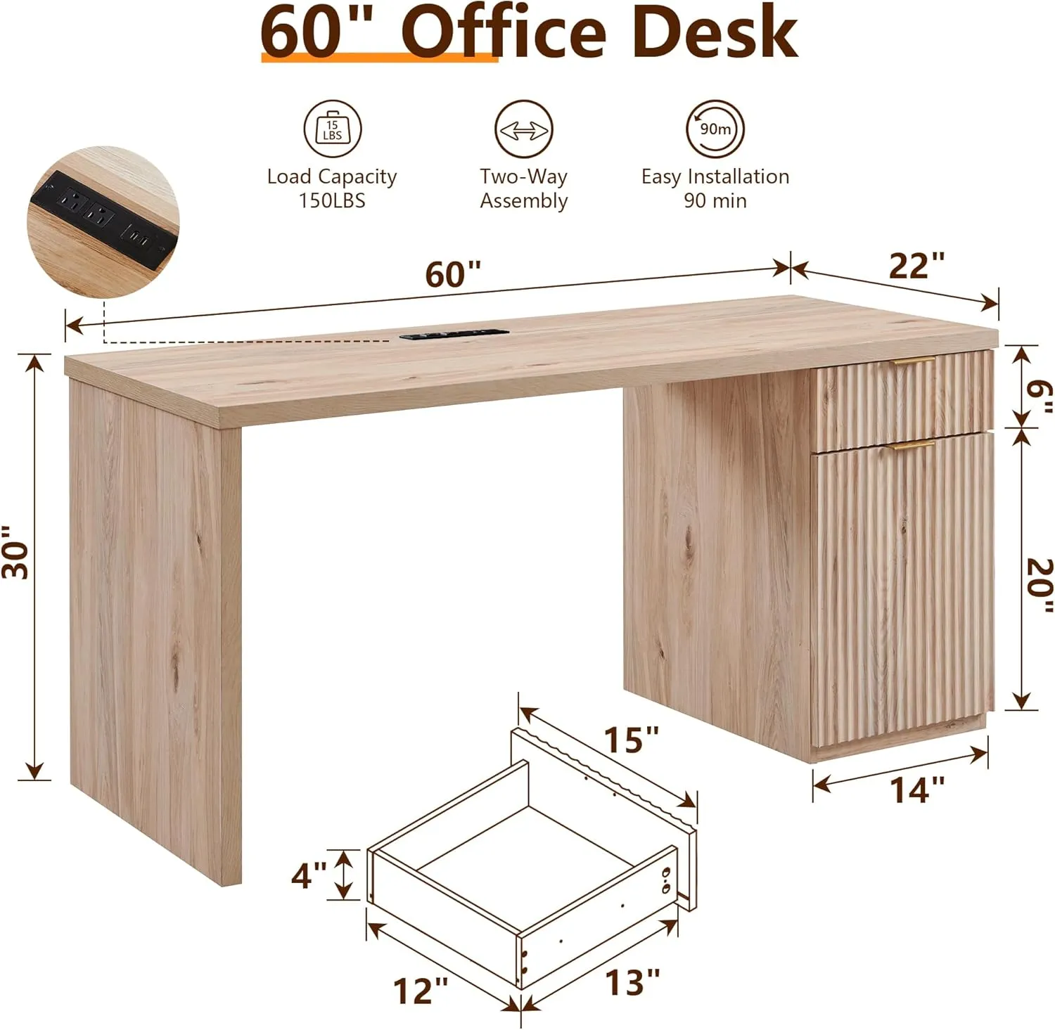 JXQTLINGMU 60" Modern Executive Desk with Storage, Wood Home Office Desk with Drawer & Cabinet, Fluted Computer Writing Desk for Study, Living Room, Bedroom, Natural Oak