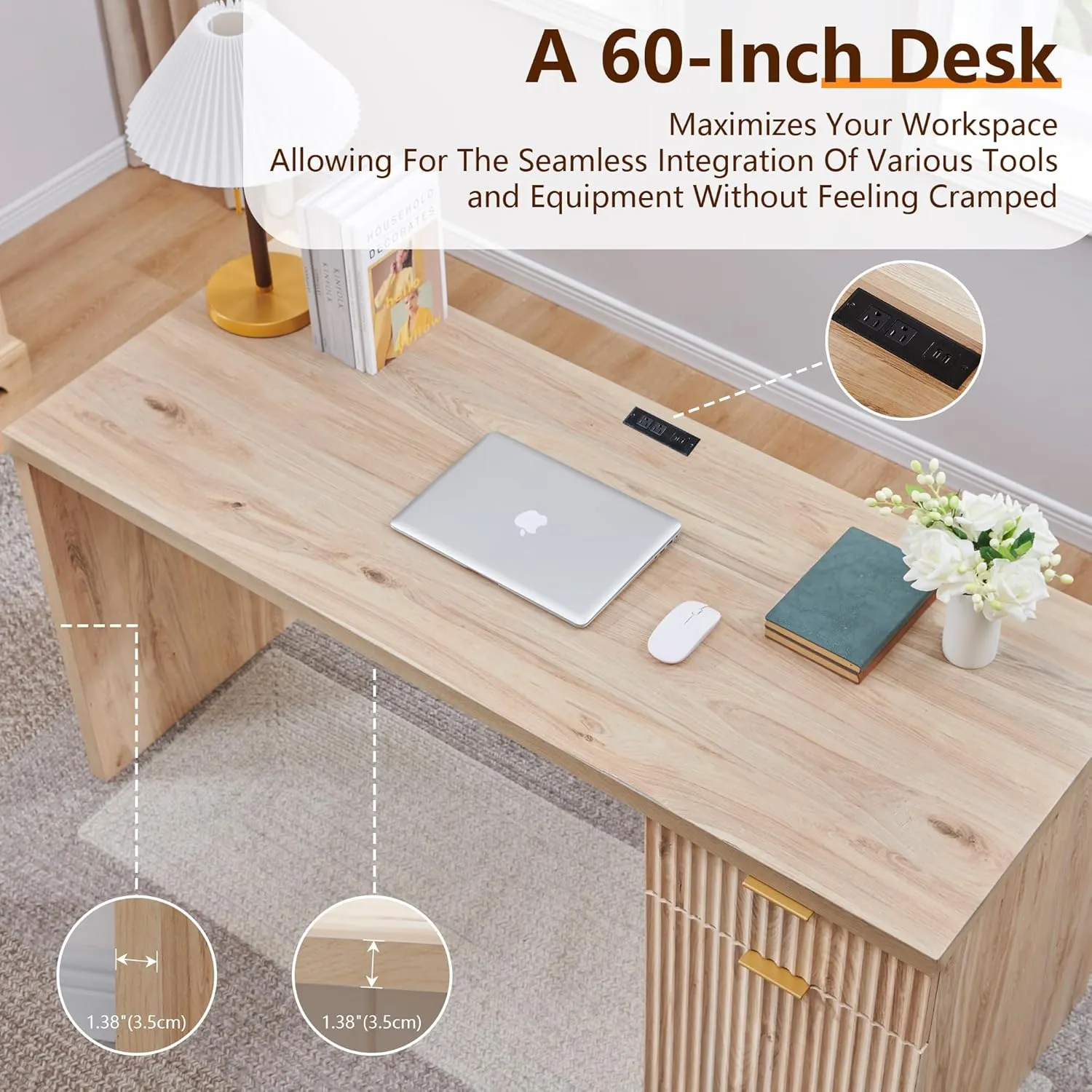 JXQTLINGMU 60" Modern Executive Desk with Storage, Wood Home Office Desk with Drawer & Cabinet, Fluted Computer Writing Desk for Study, Living Room, Bedroom, Natural Oak
