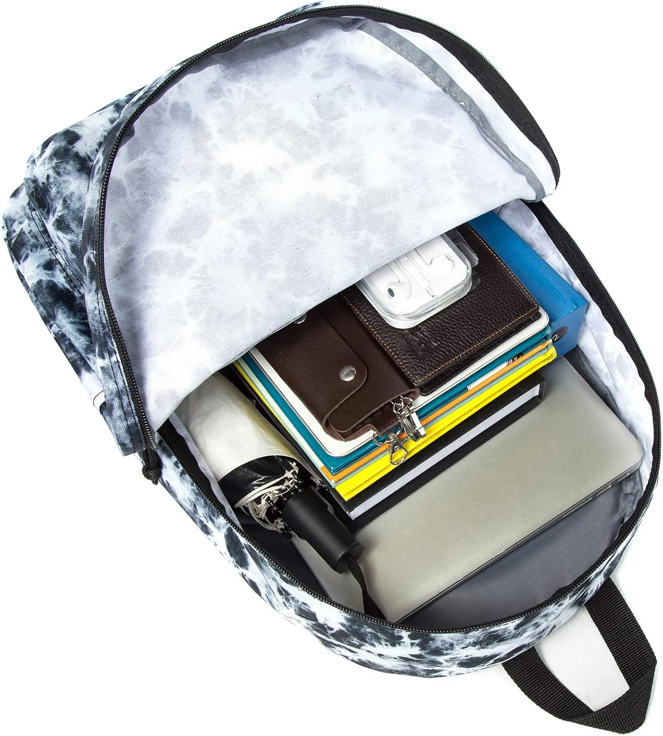 K-Cliffs Classic Backpack Basic Student Campus Daypack Simple Travel Rucksack with Chromebook Laptop Pocket Water Bottle Holder Padded Straps Printed Black White Marble Pattern