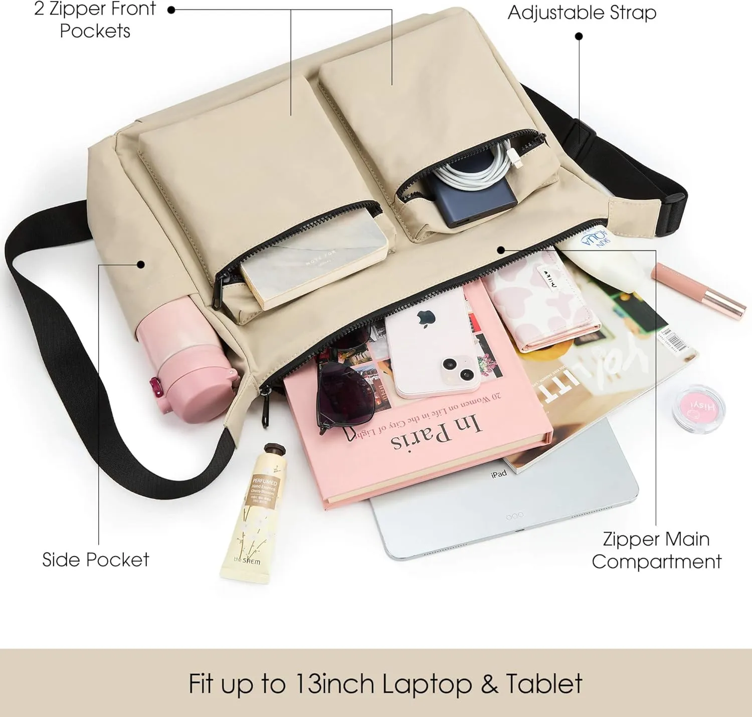 KALIDI Canvas Tote Bag Messenger Bag, Large Crossbody Bag for Women or Men, Casual Canvas Shoulder Bag for College Work Daily