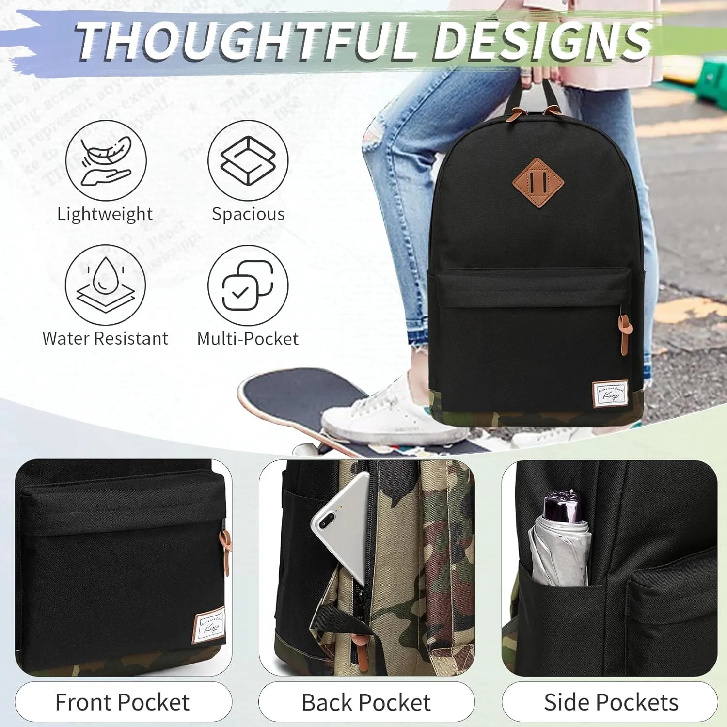 Kasqo School Backpack, Classic Lightweight 14-15.6 Inch Laptop Bookbag for Men Women Teens Girls Boys College