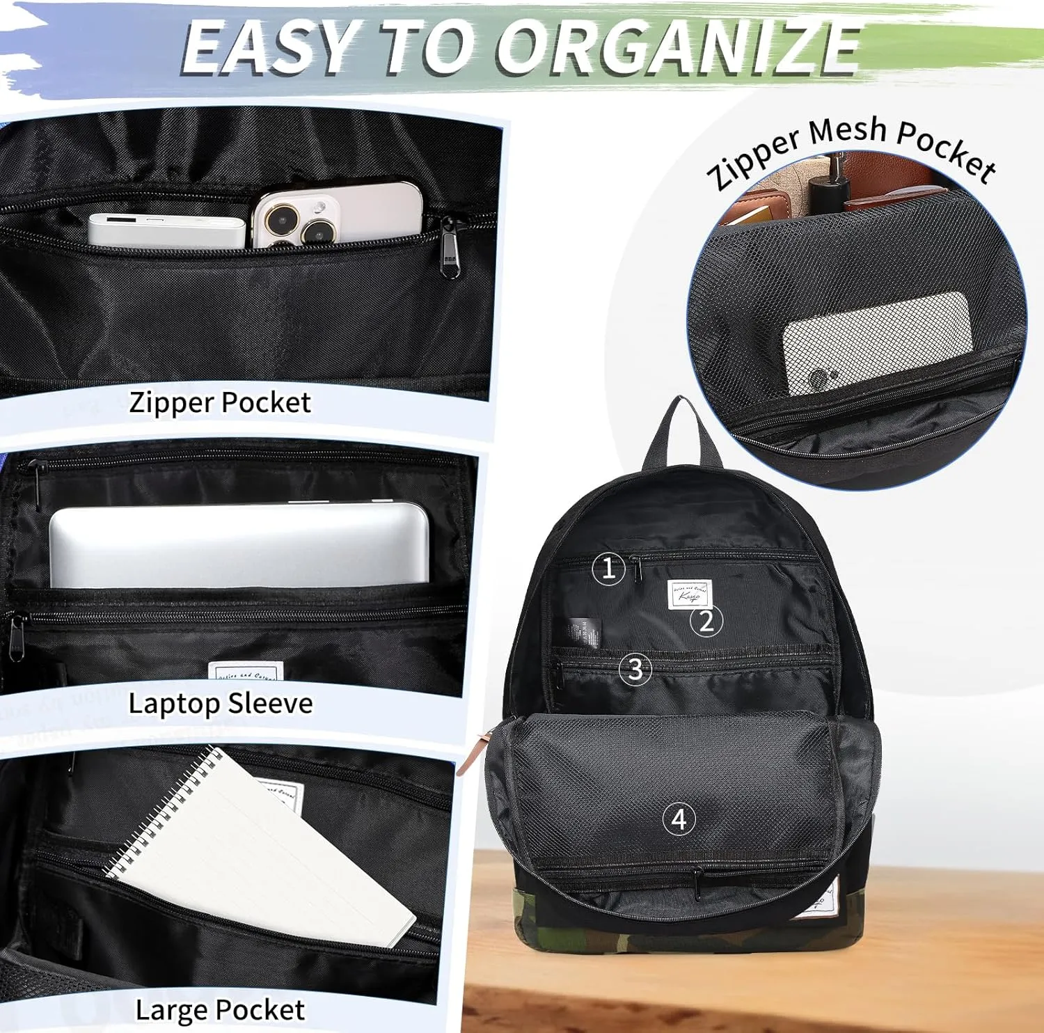 Kasqo School Backpack, Classic Lightweight 14-15.6 Inch Laptop Bookbag for Men Women Teens Girls Boys College