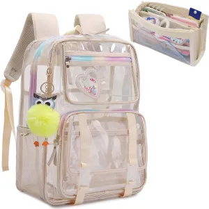 KEBEIXUAN Clear Backpack, Heavy Duty Clear Bookbag with Pencil Bag See Through Bag for Primary School College Work Festival Travel Security (Transparent Backpack Beige)