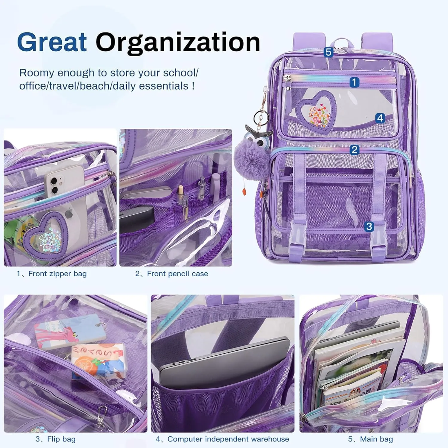 KEBEIXUAN Clear Backpack, Heavy Duty Clear Bookbag with Pencil Bag See Through Bag for Primary School College Work Festival Travel Security (Transparent Backpack Black)