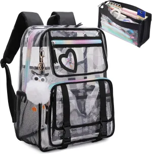 KEBEIXUAN Clear Backpack, Heavy Duty Clear Bookbag with Pencil Bag See Through Bag for Primary School College Work Festival Travel Security (Transparent Backpack Black)