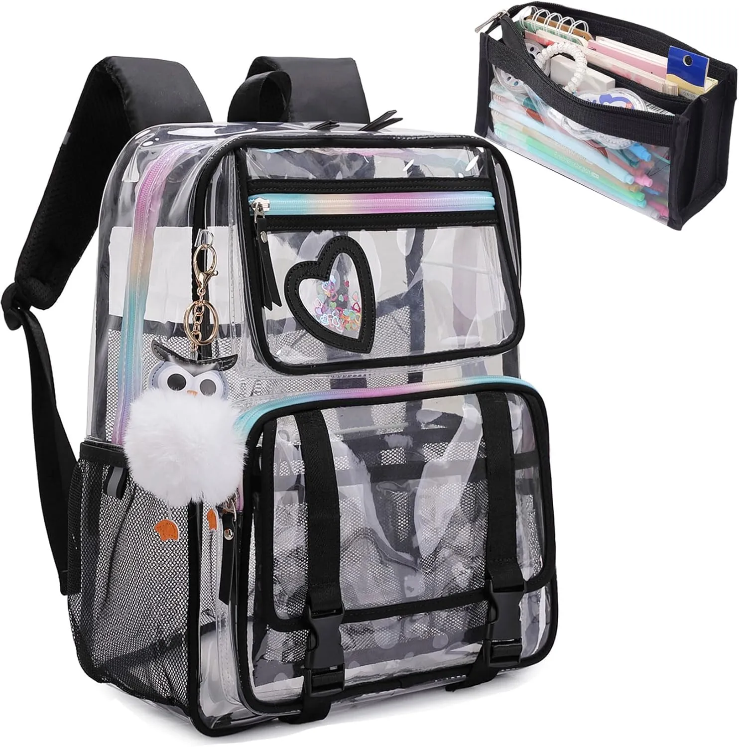 KEBEIXUAN Clear Backpack, Heavy Duty Clear Bookbag with Pencil Bag See Through Bag for Primary School College Work Festival Travel Security (Transparent Backpack Black)