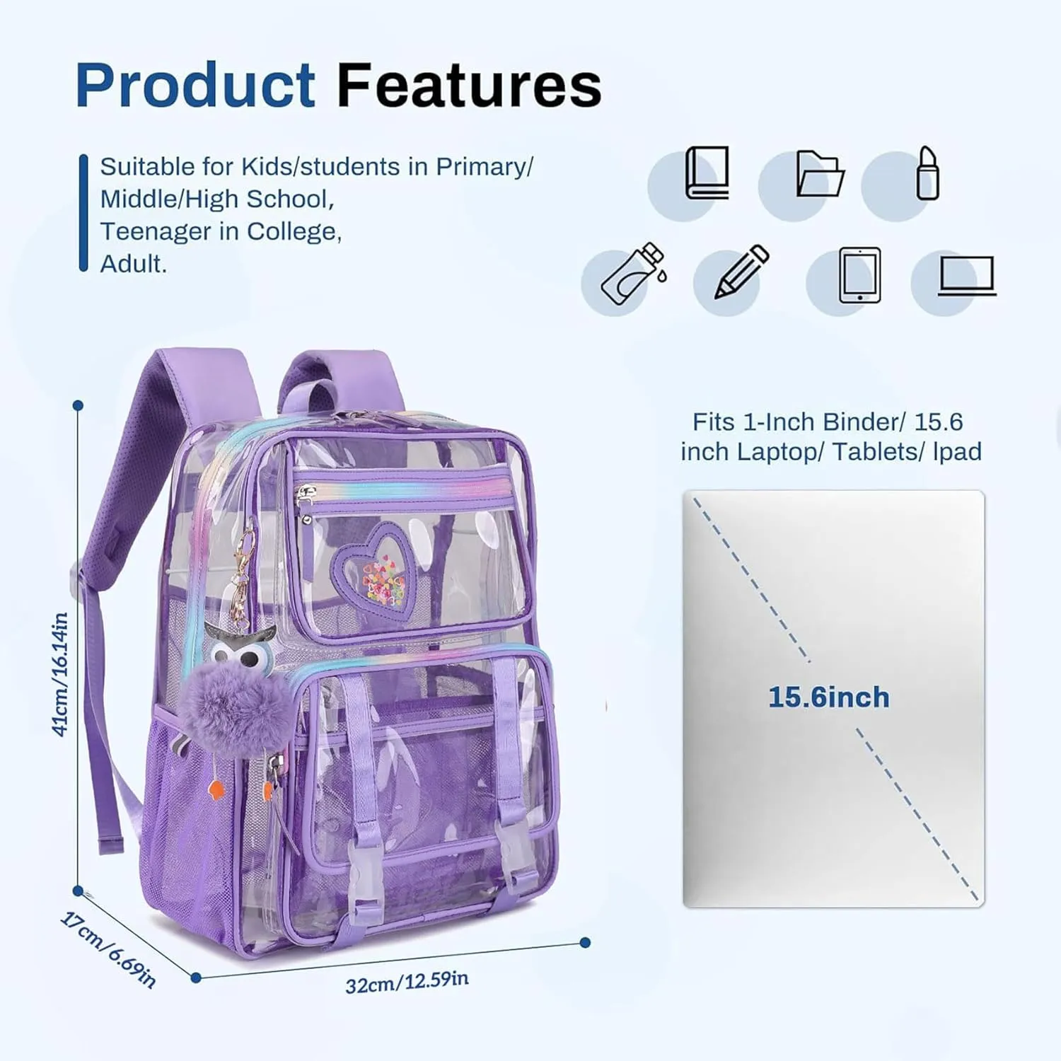 KEBEIXUAN Clear Backpack, Heavy Duty Clear Bookbag with Pencil Bag See Through Bag for Primary School College Work Festival Travel Security (Transparent Backpack Black)