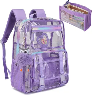 KEBEIXUAN Clear Backpack, Heavy Duty Clear Bookbag with Pencil Bag See Through Bag for Primary School College Work Festival Travel Security (Transparent Backpack Purple)