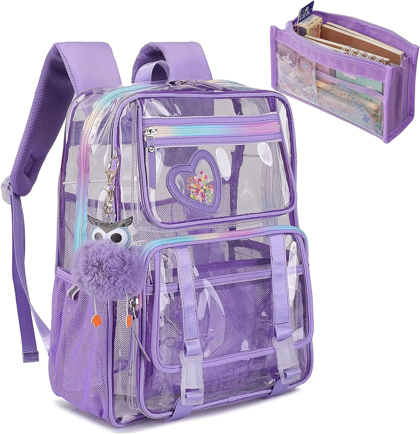 KEBEIXUAN Clear Backpack, Heavy Duty Clear Bookbag with Pencil Bag See Through Bag for Primary School College Work Festival Travel Security (Transparent Backpack Purple)