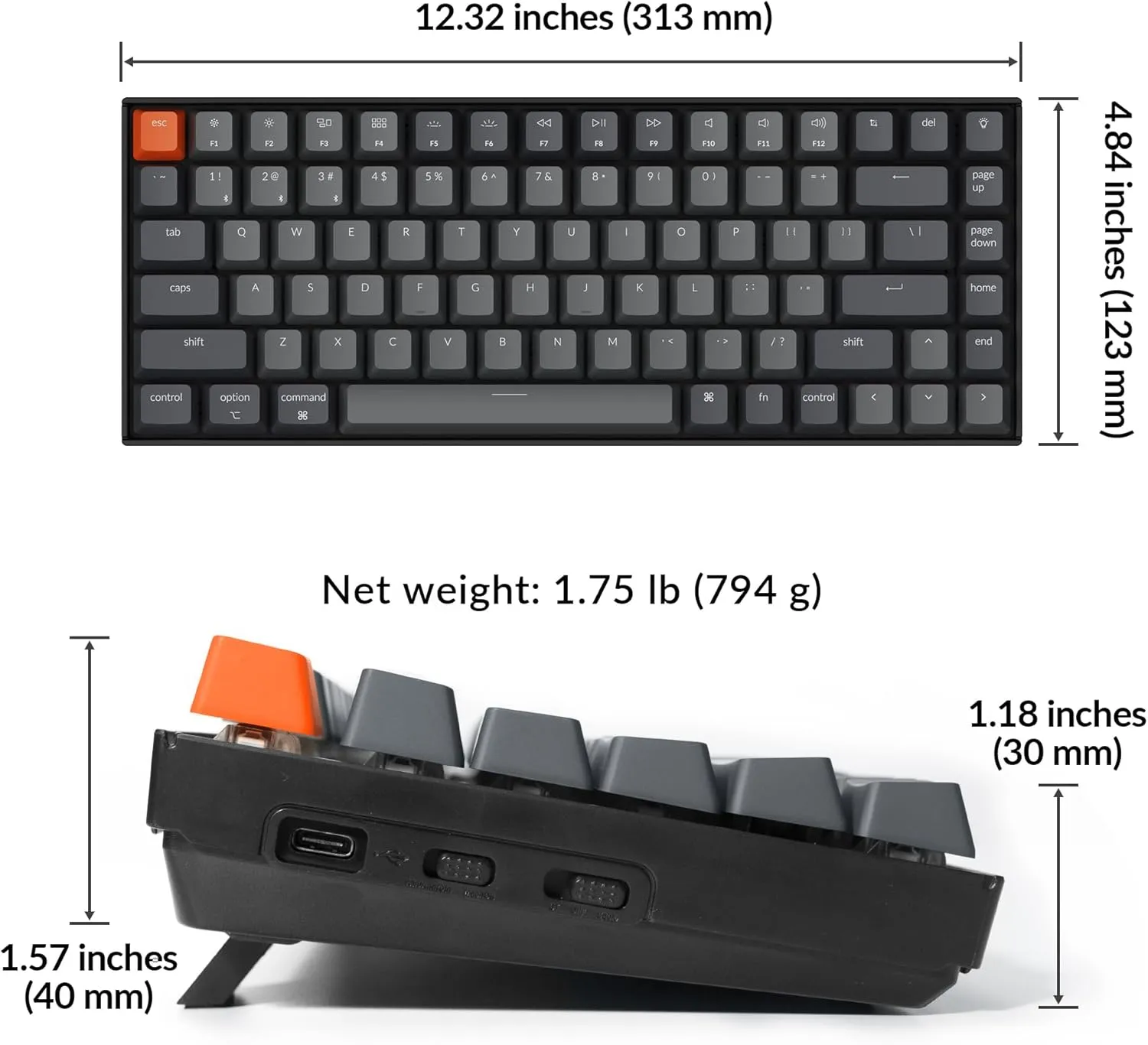 Keychron K2 75% Layout Bluetooth Wireless Mechanical Gaming Keyboard with Gateron G Pro Brown Switch/White LED Backlit/USB C/Anti Ghosting/N-Key Rollover, 84 Keys, for Mac Windows-Version 2