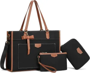 Keyli 3pcs Laptop Bag for Women,15.6 Inch Canvas Tote Bag Work Bags Large Business Computer Briefcase Shoulder Handbag Purse
