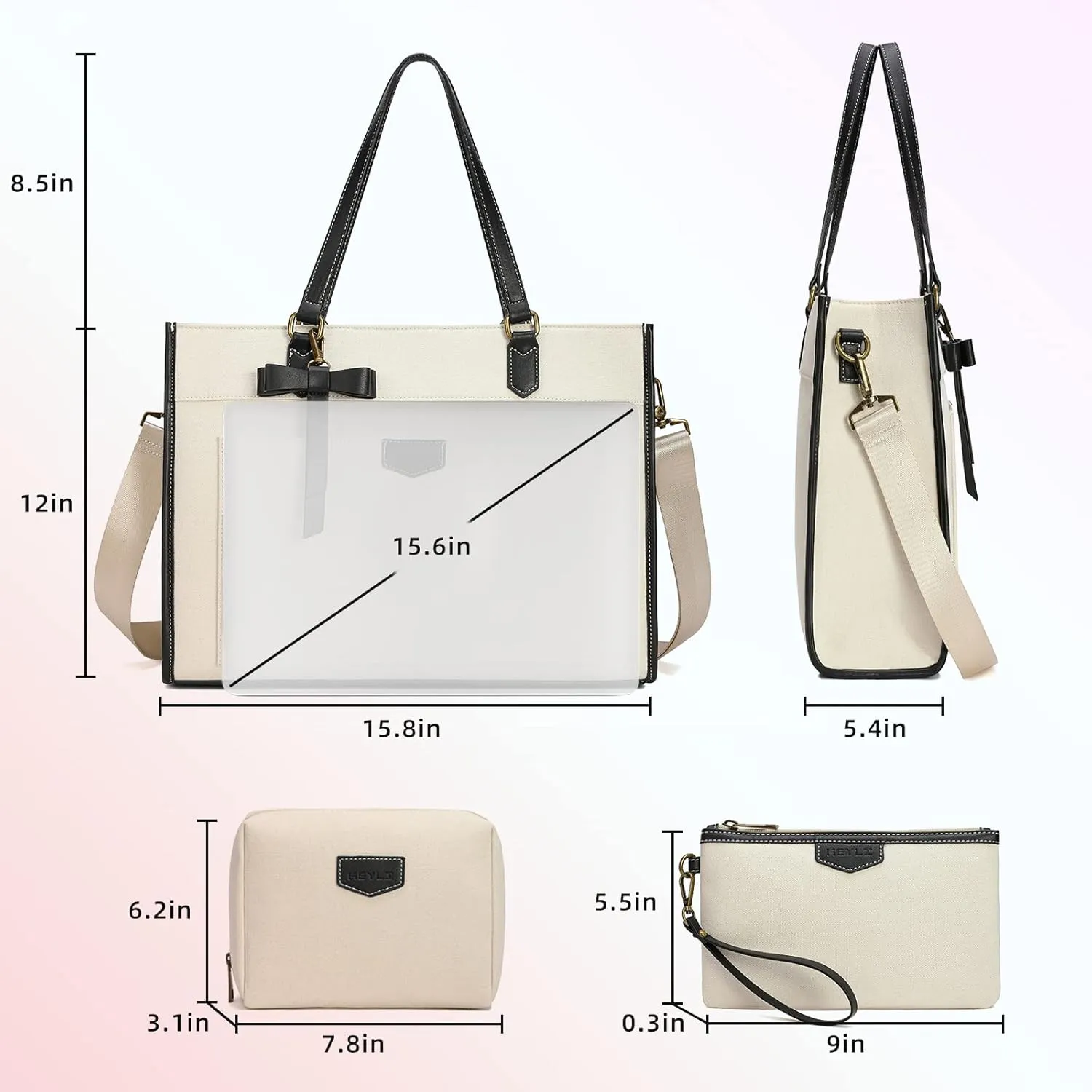 Keyli 3pcs Laptop Bag for Women,15.6 Inch Canvas Tote Bag Work Bags Large Business Computer Briefcase Shoulder Handbag Purse