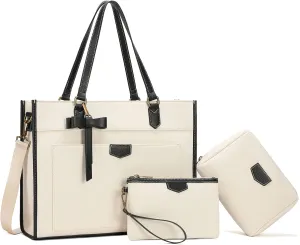 Keyli 3pcs Laptop Bag for Women,15.6 Inch Canvas Tote Bag Work Bags Large Business Computer Briefcase Shoulder Handbag Purse