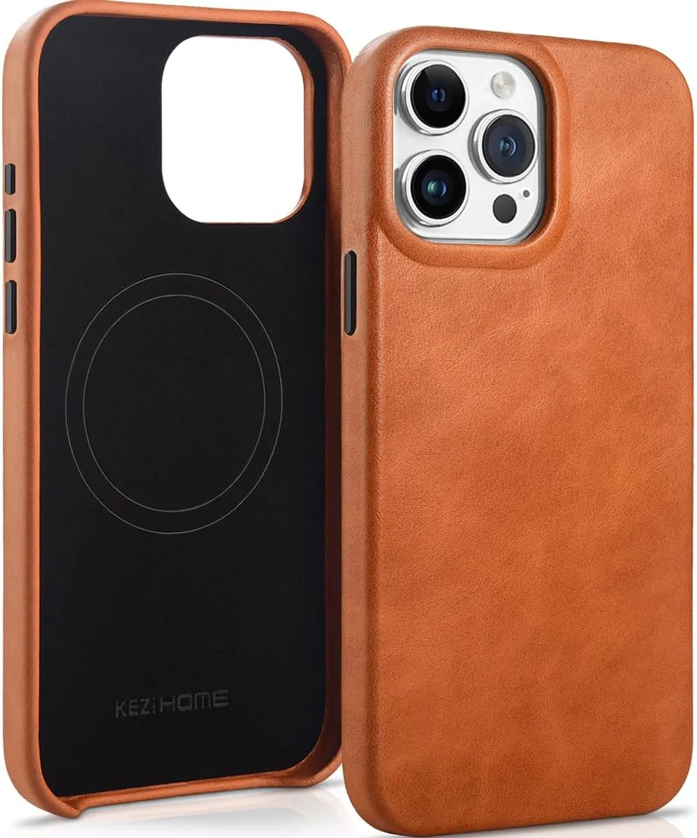 KEZiHOME for iPhone 15 Pro Case, Premium Leather [Compatible with MagSafe] Slim Shockproof Magnetic Phone Case Protective Cover for iPhone 15 Pro 6.1"，Raised Edges Protect Camera (Khaki)