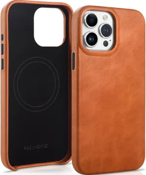 KEZiHOME for iPhone 15 Pro Case, Premium Leather [Compatible with MagSafe] Slim Shockproof Magnetic Phone Case Protective Cover for iPhone 15 Pro 6.1"，Raised Edges Protect Camera (Khaki)
