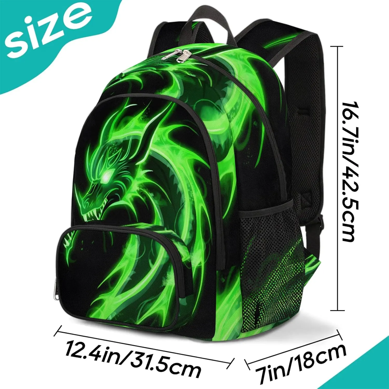 Kids Backpack for Boys - Green Dragon School Backpack for Teens Students - Schoolbag Lightweight Waterproof Elementary Book Bag Travel Casual Daypack