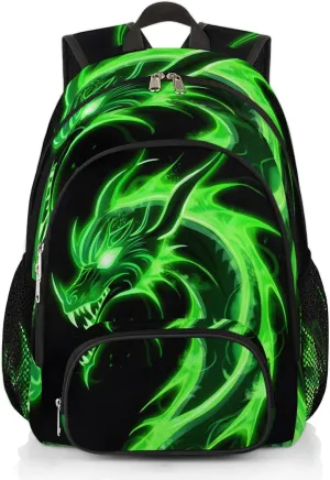 Kids Backpack for Boys - Green Dragon School Backpack for Teens Students - Schoolbag Lightweight Waterproof Elementary Book Bag Travel Casual Daypack