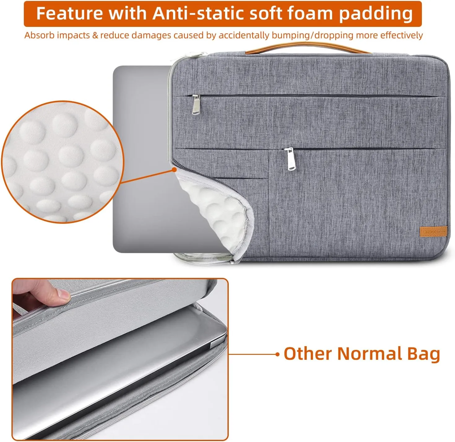 KINGSLONG 15.6 inch Laptop Sleeve Bag, Slim Lightweight Multiple Pockets Computer Cover Notebook Ultrabooks Carrying Case fit for Acer Asus Dell Lenovo HP, Grey