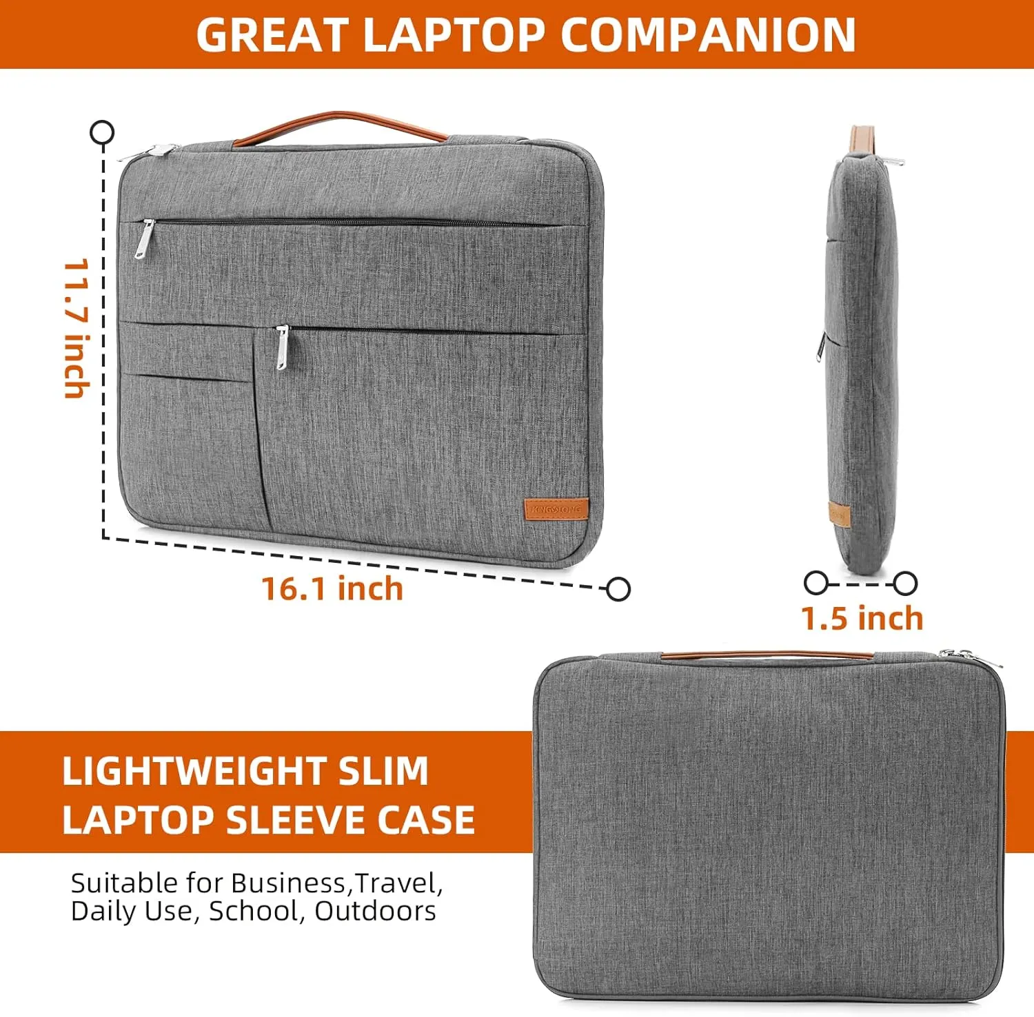 KINGSLONG 15.6 inch Laptop Sleeve Bag, Slim Lightweight Multiple Pockets Computer Cover Notebook Ultrabooks Carrying Case fit for Acer Asus Dell Lenovo HP, Grey