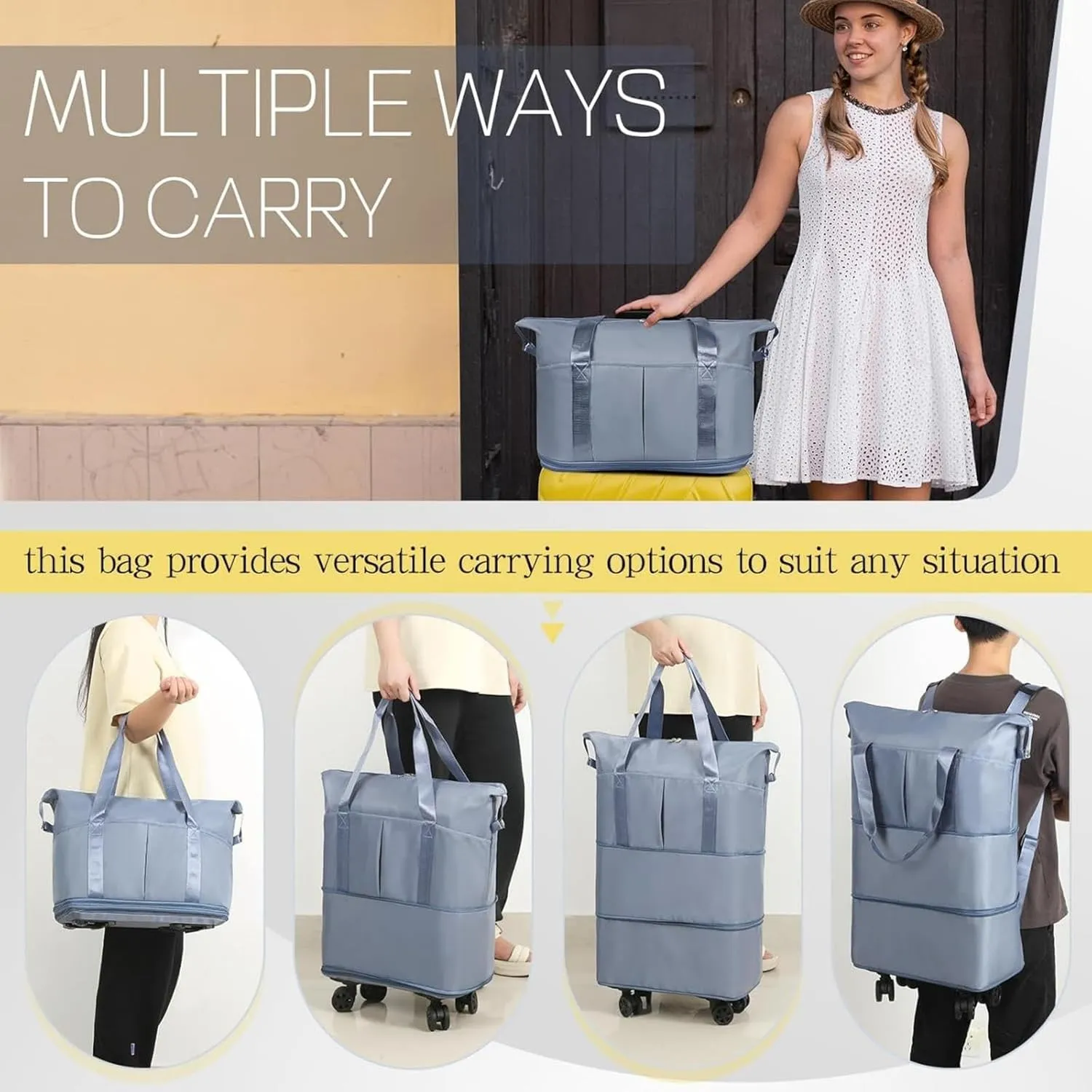 Kulken Travel Bag with Wheels, Large Capacity Three-Layer Expandable Foldable Travel Package - Universal Wheel Removable, Kulken Luggage with Dry and Wet Separation Layer (Grey)
