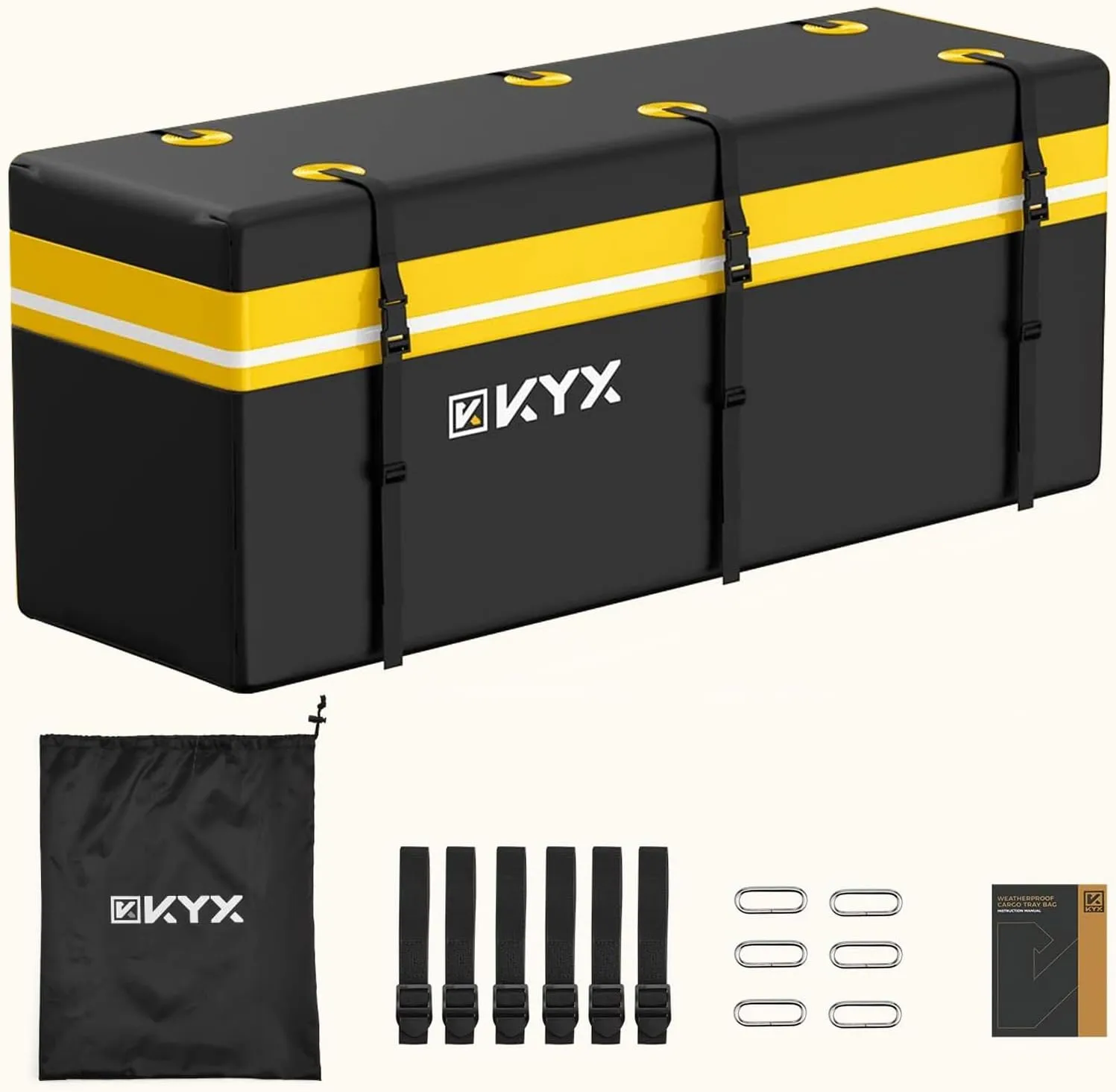 KYX 15 Cubic Feet Hitch Mount Vehicle Cargo Carrier Bag Car Pickup Truck 100% Waterproof, Anti-Tear 1000D PVC Fabric, Integrated Rain Curtain, Reinforced Straps (59" 18" 24")