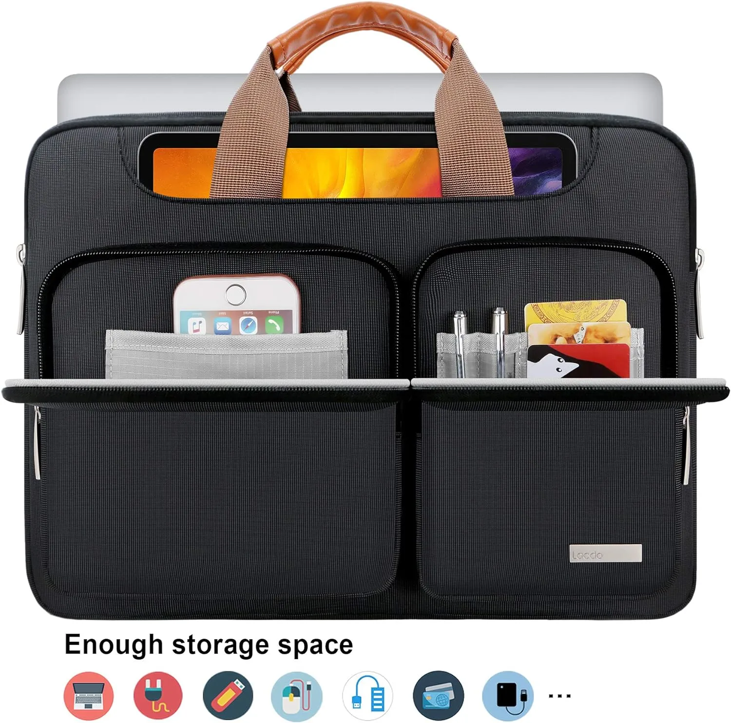 Lacdo 360° Protective Laptop Shoulder Bag, 14 Inch Laptop Sleeve Case for HP Lenovo Dell ASUS Acer Chromebook 14, HP Stream, Dell Inspiron, Lenovo IdeaPad, Acer Spin, ASUS ZenBook Computer Bag, Black