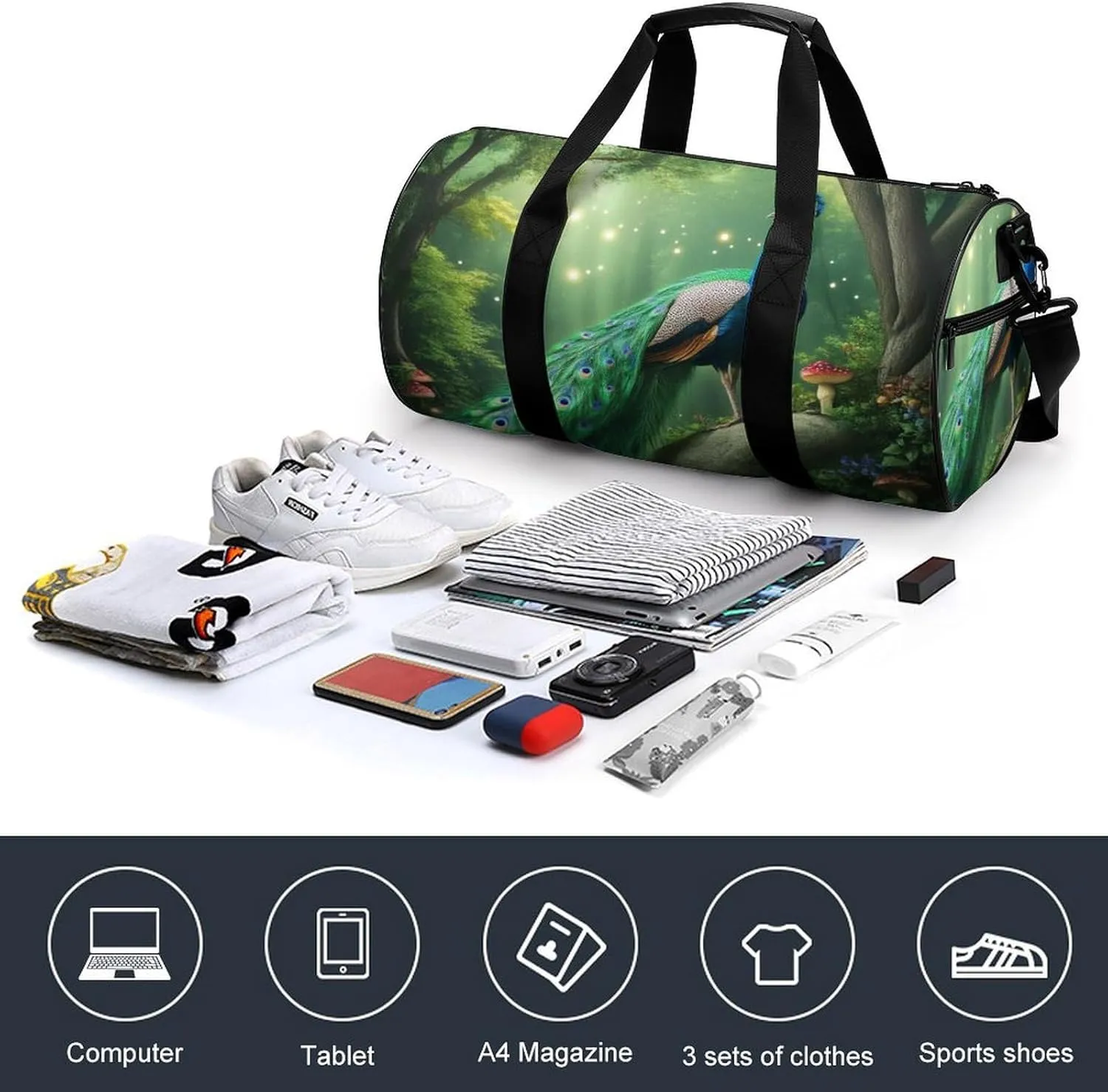 Ladies Overnight Weekender Waterproof Duffel Bag with Shoulder Strap Peacocks Landscape Gym Sports Bag for Travel Outdoor