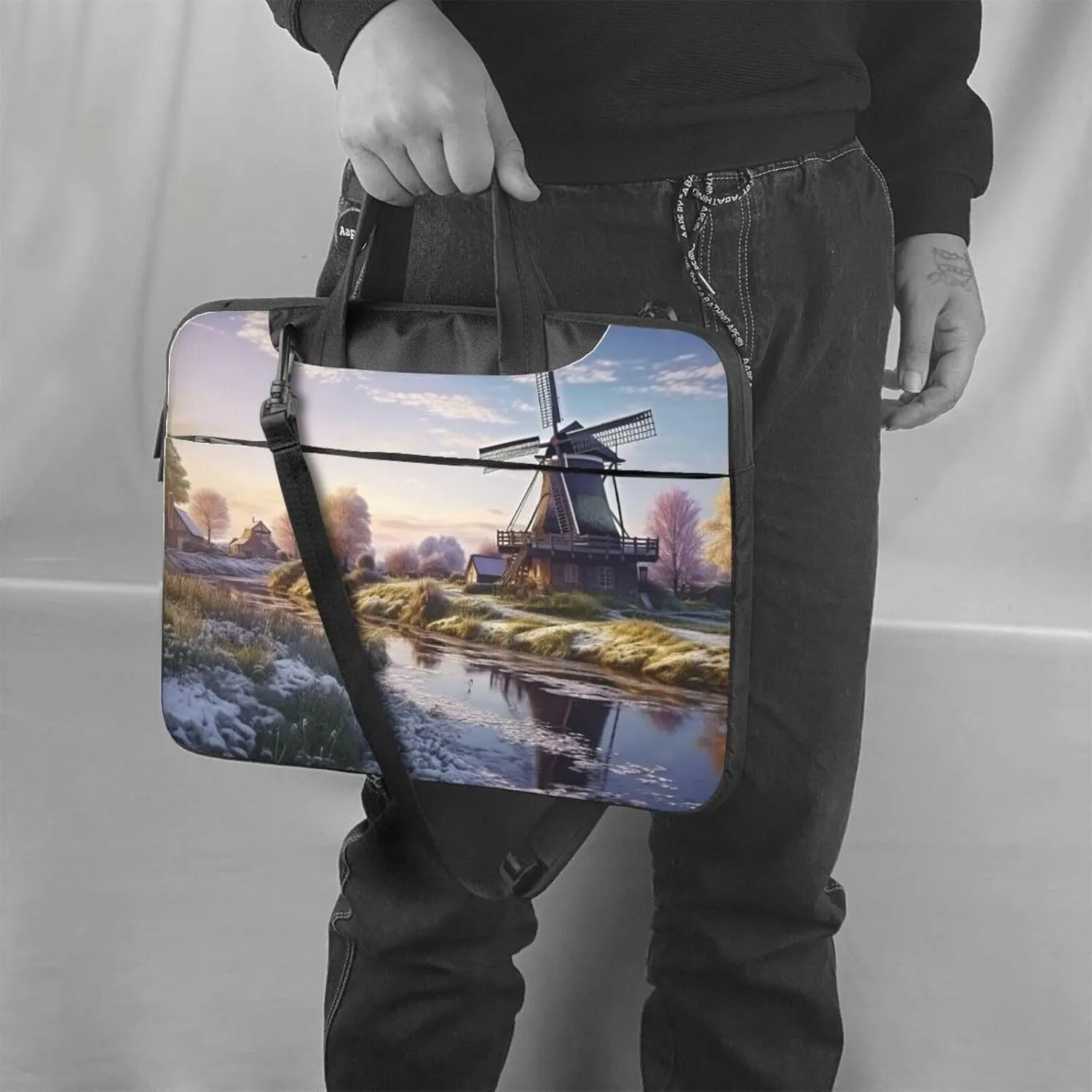 Landscape with a Traditional Windmill Laptop Shoulder Bag Portable Laptop Bag Laptop Case Crossbody Briefcase w/Strap Handle
