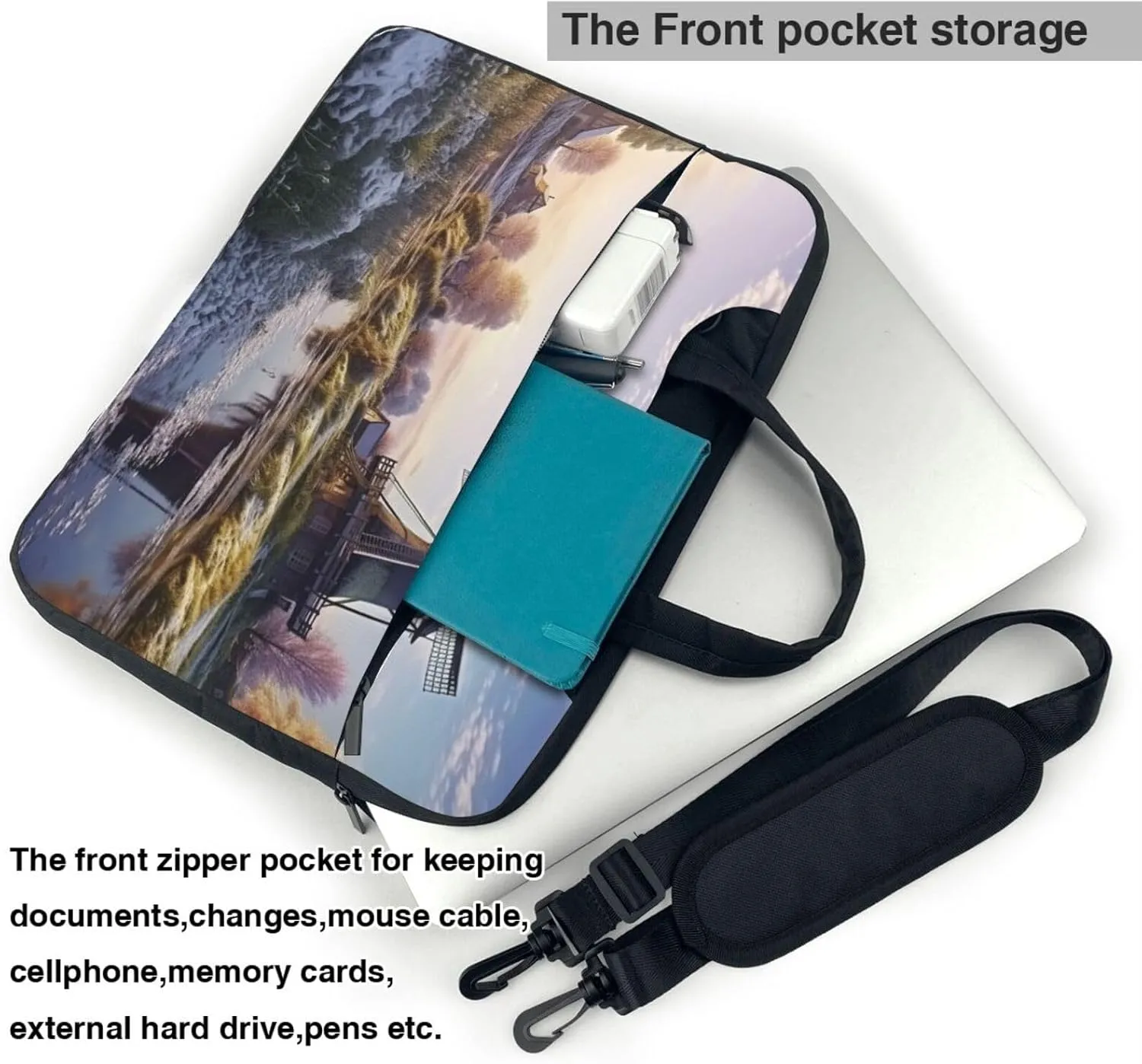 Landscape with a Traditional Windmill Laptop Shoulder Bag Portable Laptop Bag Laptop Case Crossbody Briefcase w/Strap Handle