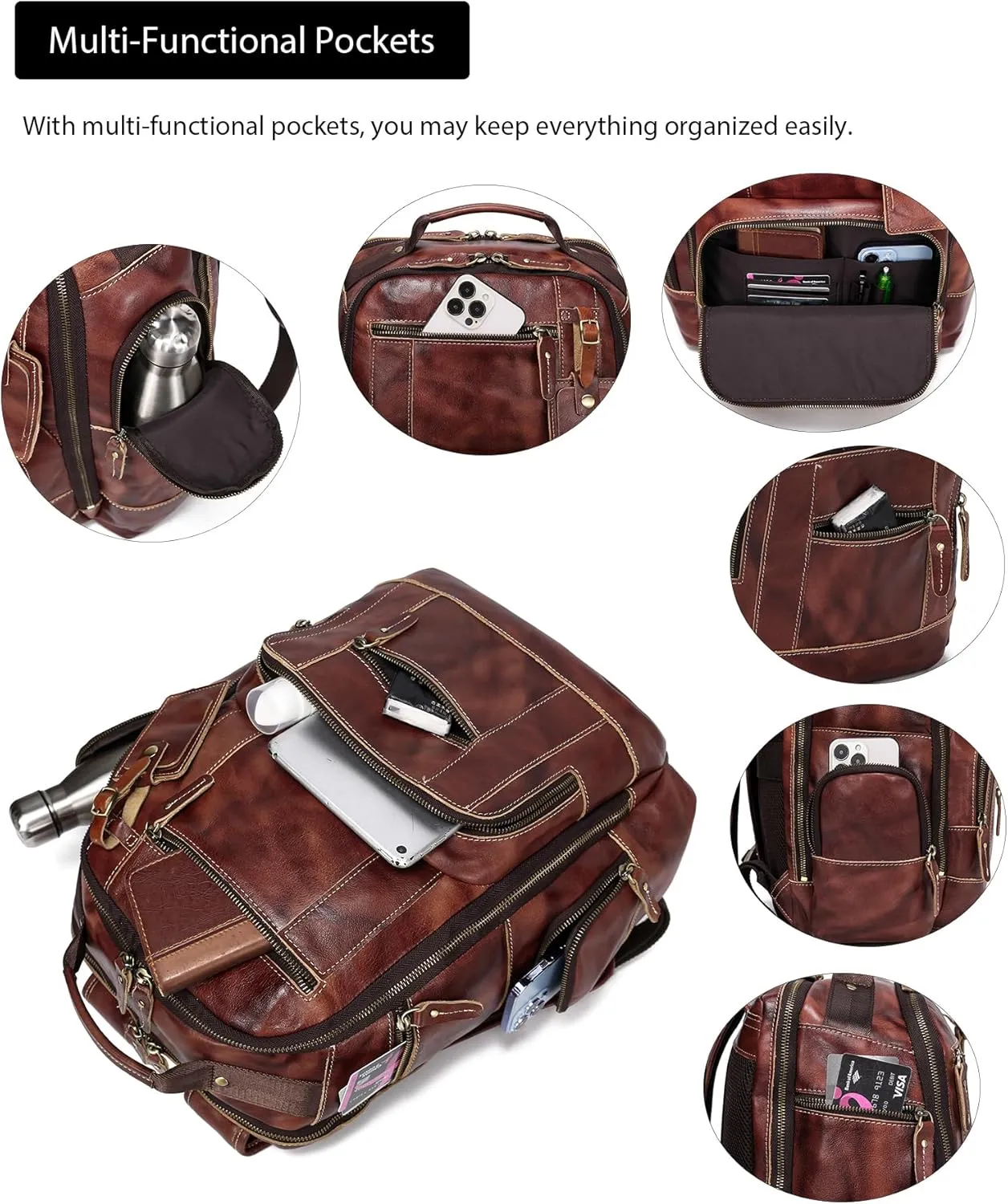 LANNSYNE Full Grain Leather Backpack For Men, Fits 16" Laptop, Coffee