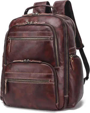 LANNSYNE Vintage Full Grain Leather Backpack For Men, 17.3'' Laptop Bag Causal Rucksack Shoulder Bag Overnight For Business/Hiking/Travel