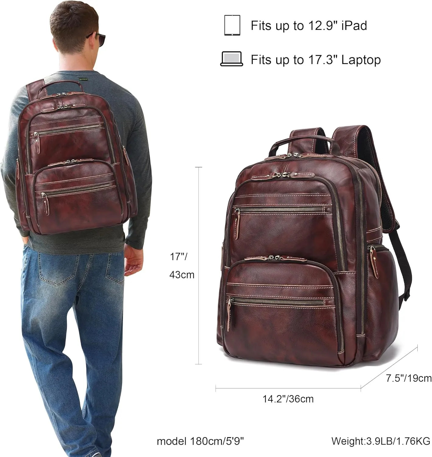 LANNSYNE Vintage Full Grain Leather Backpack For Men, 17.3'' Laptop Bag Causal Rucksack Shoulder Bag Overnight For Business/Hiking/Travel