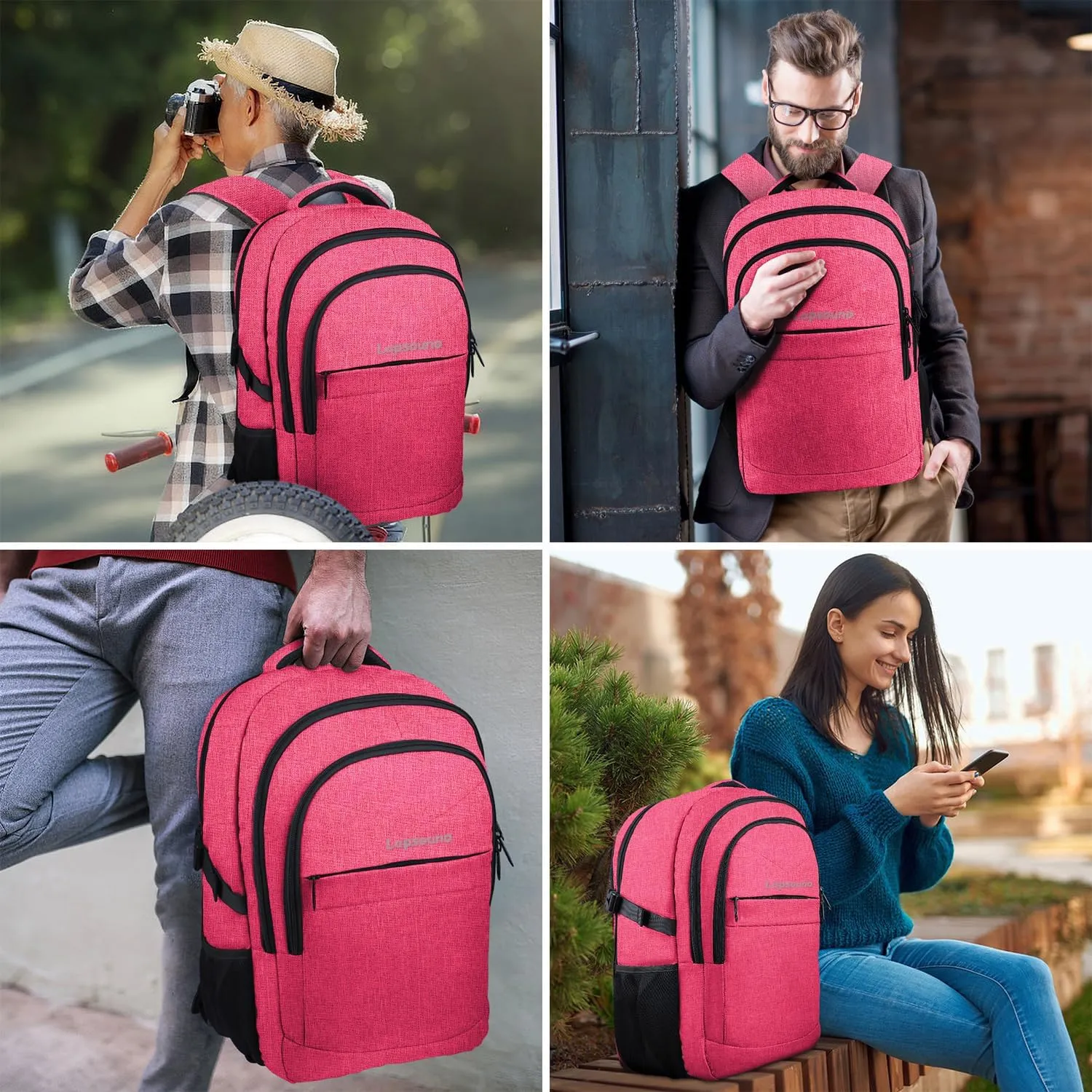 Lapsouno Travel Laptop Backpack, 15.6 Inch Travel Laptop Backpack, Water Resistant Casual Hiking Daypack, Computer Bag with USB Port, College School Business Backpack for Women, Pink
