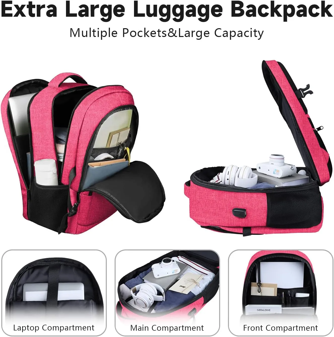 Lapsouno Travel Laptop Backpack, 15.6 Inch Travel Laptop Backpack, Water Resistant Casual Hiking Daypack, Computer Bag with USB Port, College School Business Backpack for Women, Pink