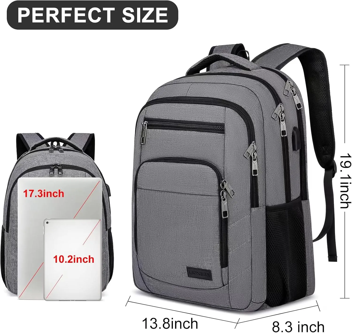 Laptop Backpack, 17.3 Inch Large School Backpacks with USB Charging Port, Anti Theft Water Resistant College Computer Bag Daypack for Men Women, Grey