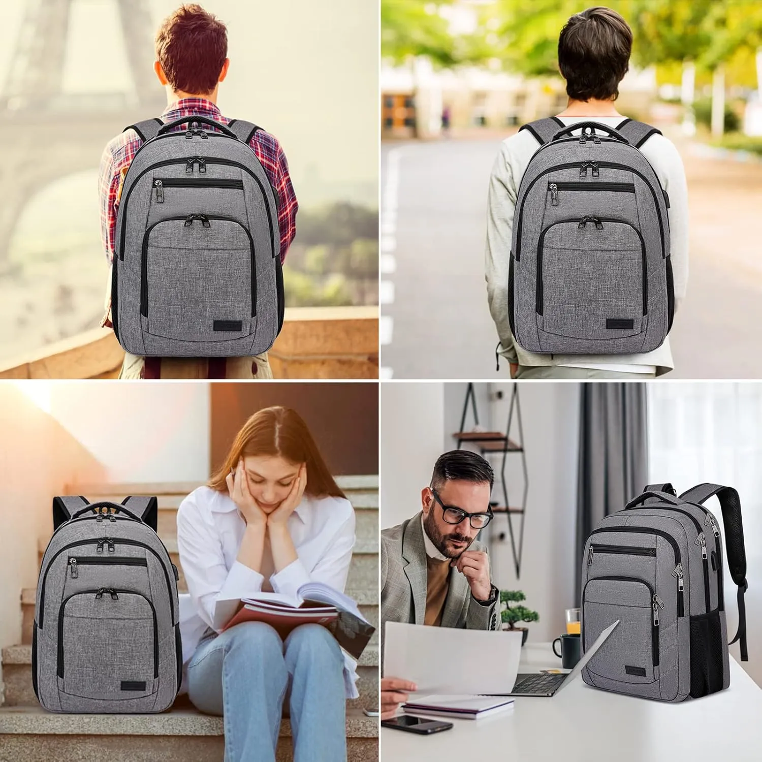 Laptop Backpack, 17.3 Inch Large School Backpacks with USB Charging Port, Anti Theft Water Resistant College Computer Bag Daypack for Men Women, Grey