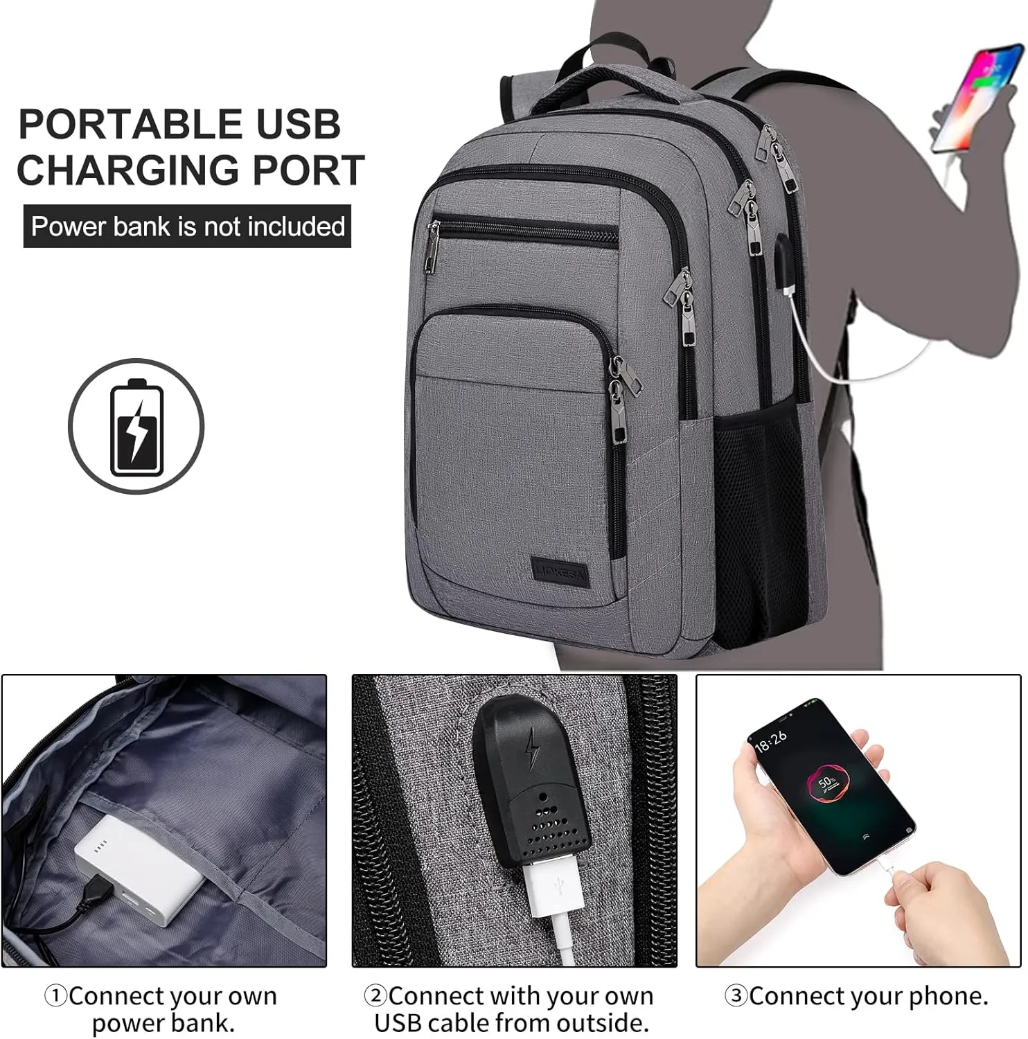 Laptop Backpack, 17.3 Inch Large School Backpacks with USB Charging Port, Anti Theft Water Resistant College Computer Bag Daypack for Men Women, Grey