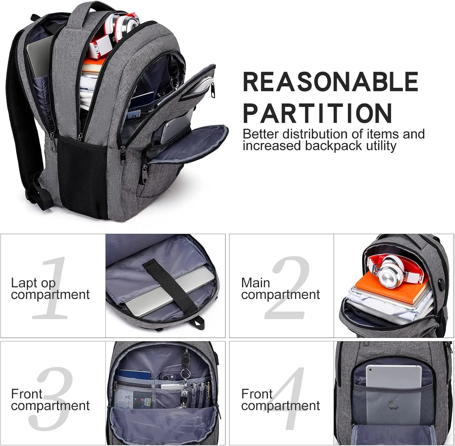 Laptop Backpack, 17.3 Inch Large School Backpacks with USB Charging Port, Anti Theft Water Resistant College Computer Bag Daypack for Men Women, Grey