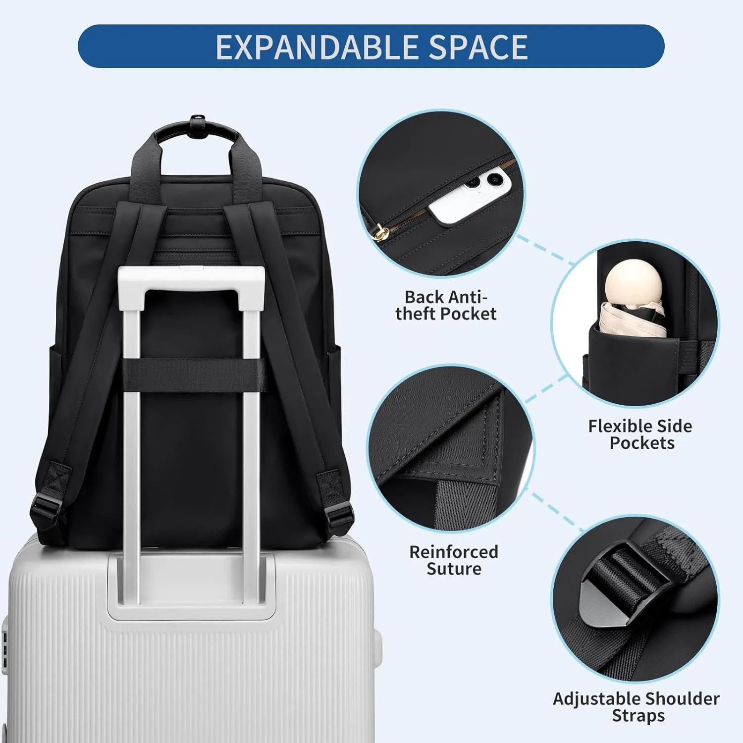 Laptop Backpack for Women Carry On Backpack Travel Backpack with Laptop Compartment for Work Travel Business Fit 16 Inch Notebook, Black