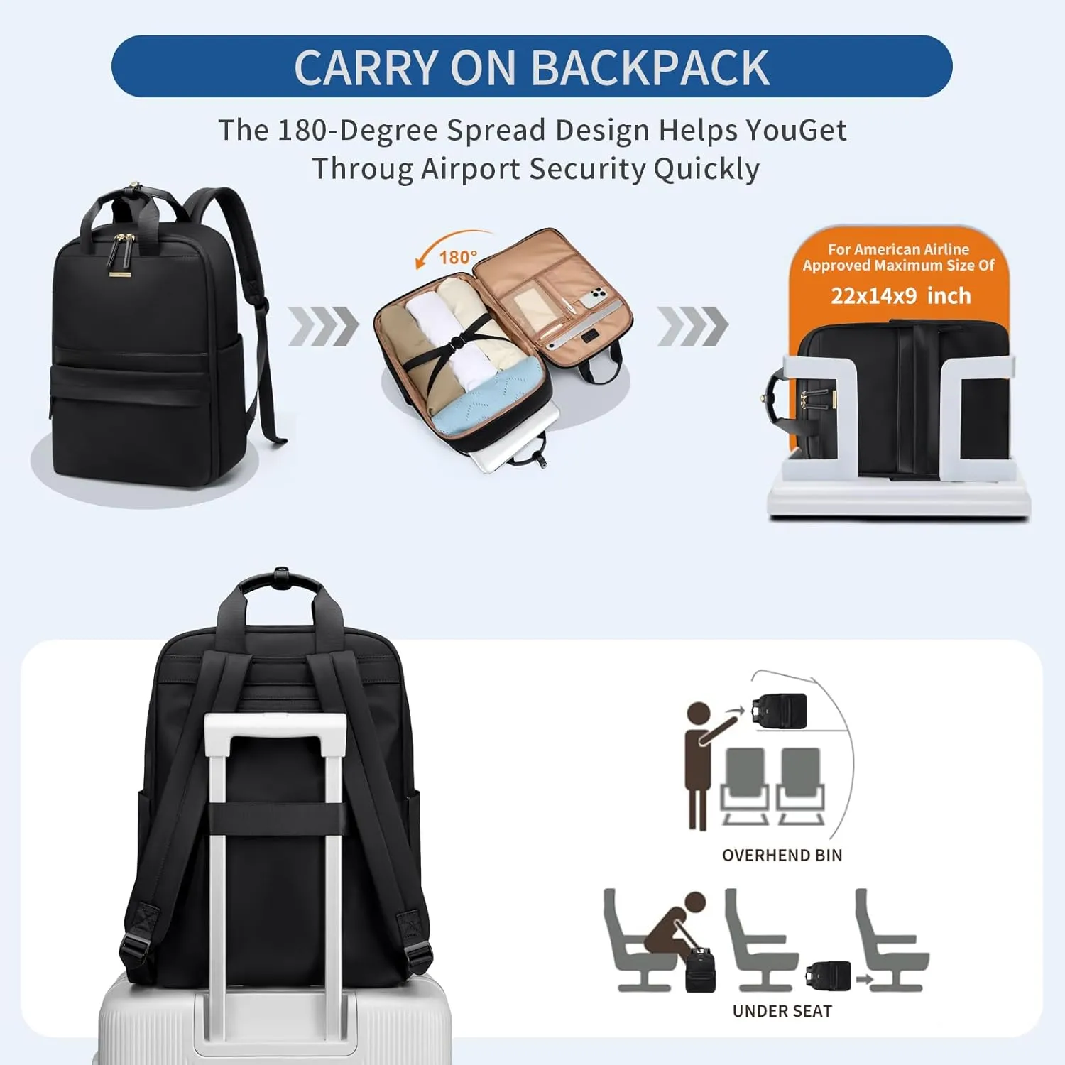 Laptop Backpack for Women Carry On Backpack Travel Backpack with Laptop Compartment for Work Travel Business Fit 16 Inch Notebook, Black